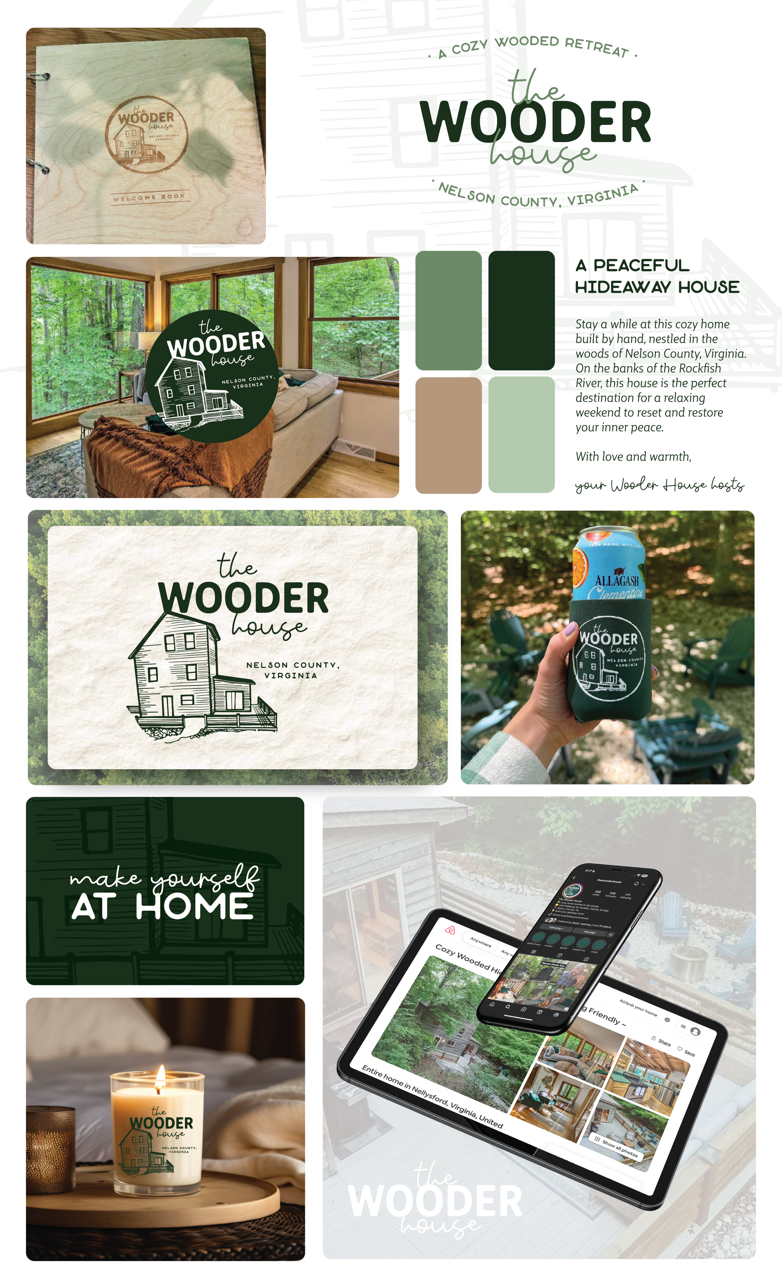 Collage of images promoting The Wooder House, a cozy retreat in Nelson County, Virginia, including a wood logo, interior view with large windows of a green forest, branded drink koozie, social media app showing property photos, and a lit candle with logo.