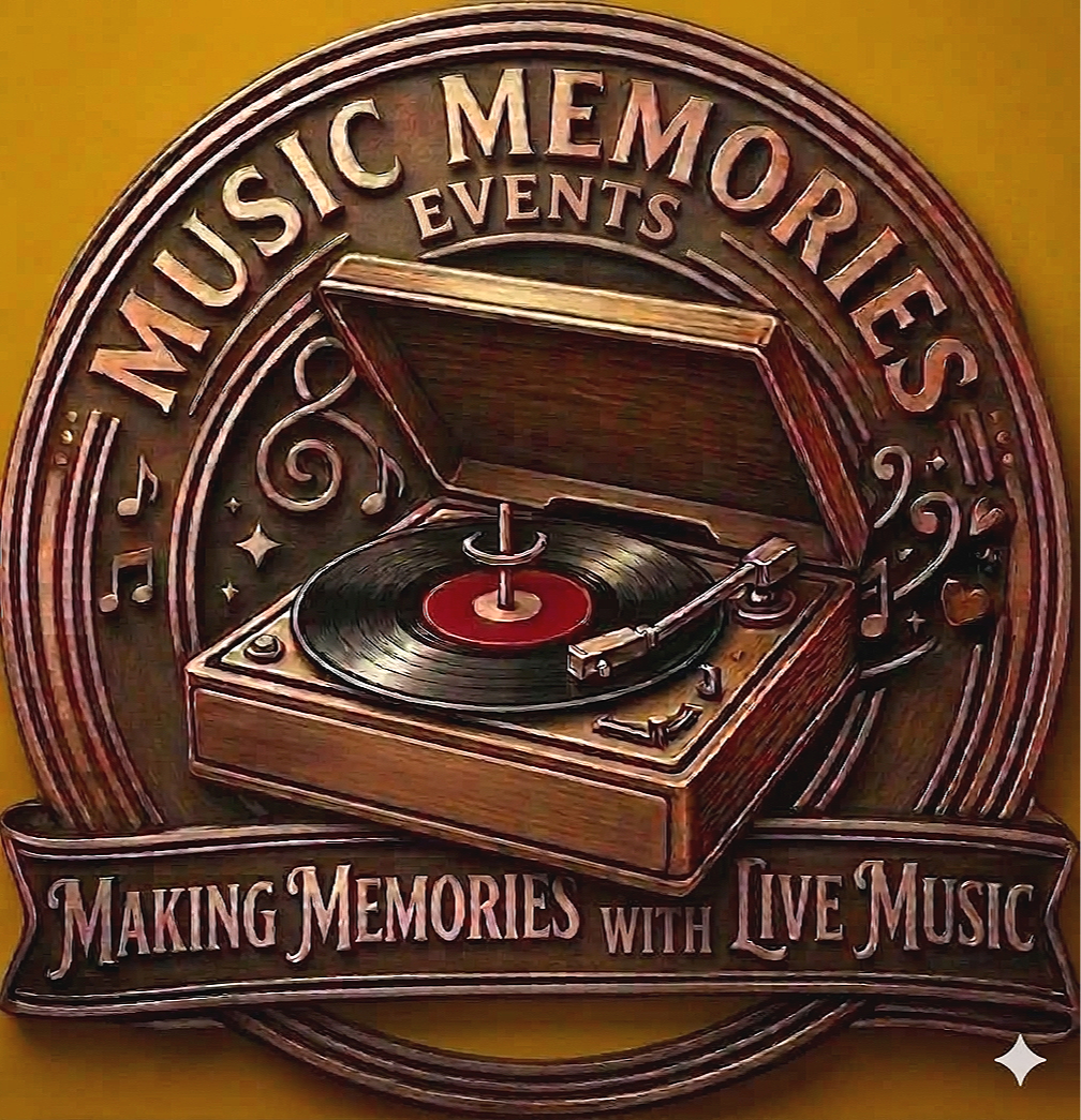 Wooden sign with a vintage turntable and the text 'Music Memories Events', and 'Making Memories with Live Music'.
