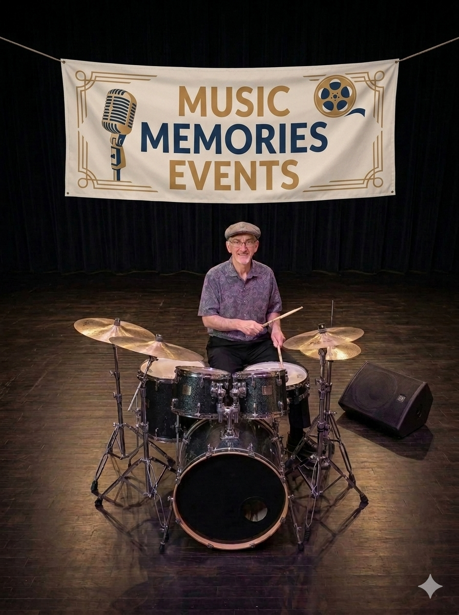 An elderly man sits behind a drum set on a stage, smiling, with a banner in the background that reads "Music Memories Events" and features a vintage microphone and film reel.