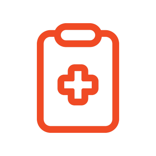 Red medical clipboard with a white cross on a black background.