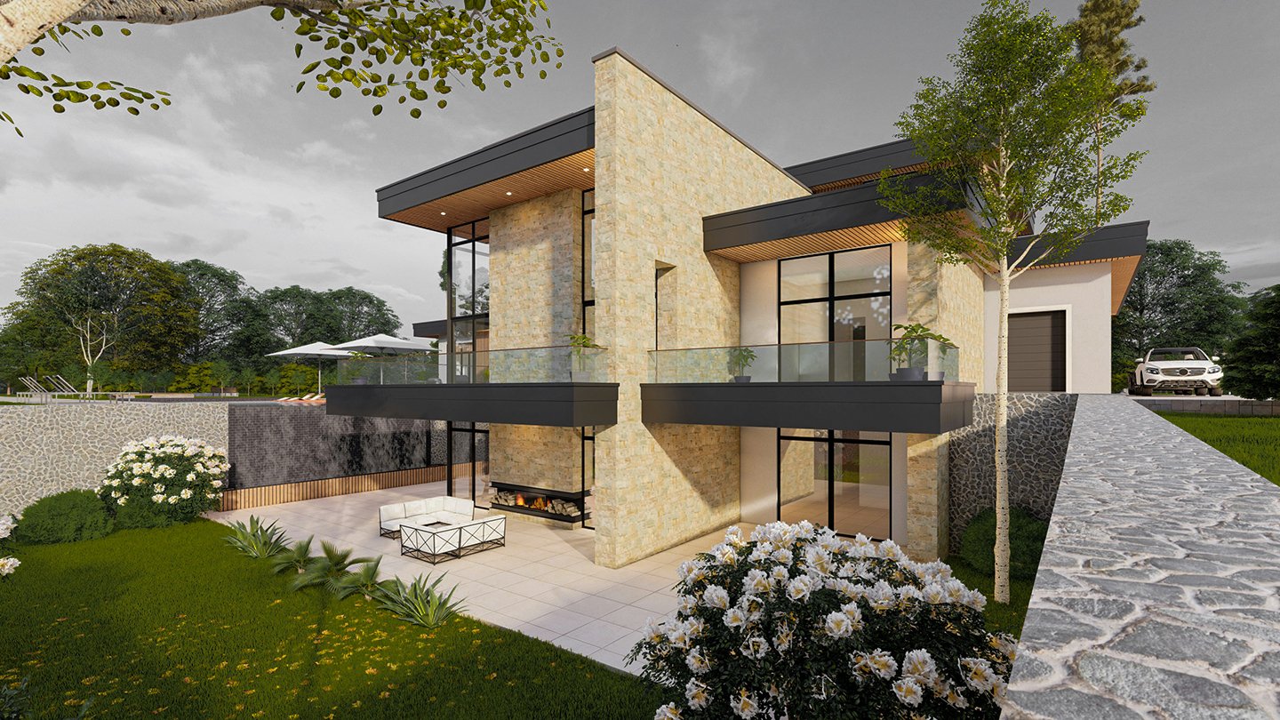 Architecture extérieure d’une résidence contemporaine avec matériaux naturels