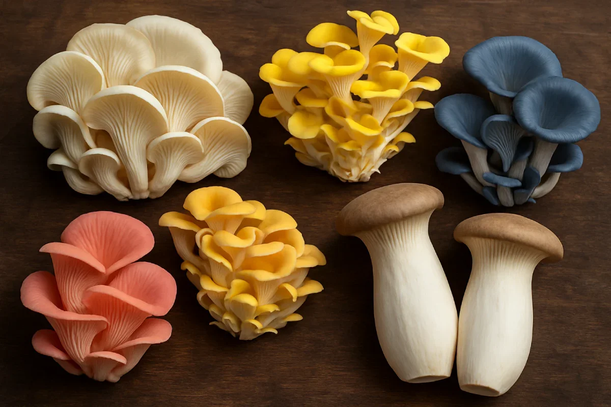 Colorful, edible mushroom replicas arranged on a wooden surface, including white, yellow, blue, pink, and brown varieties.