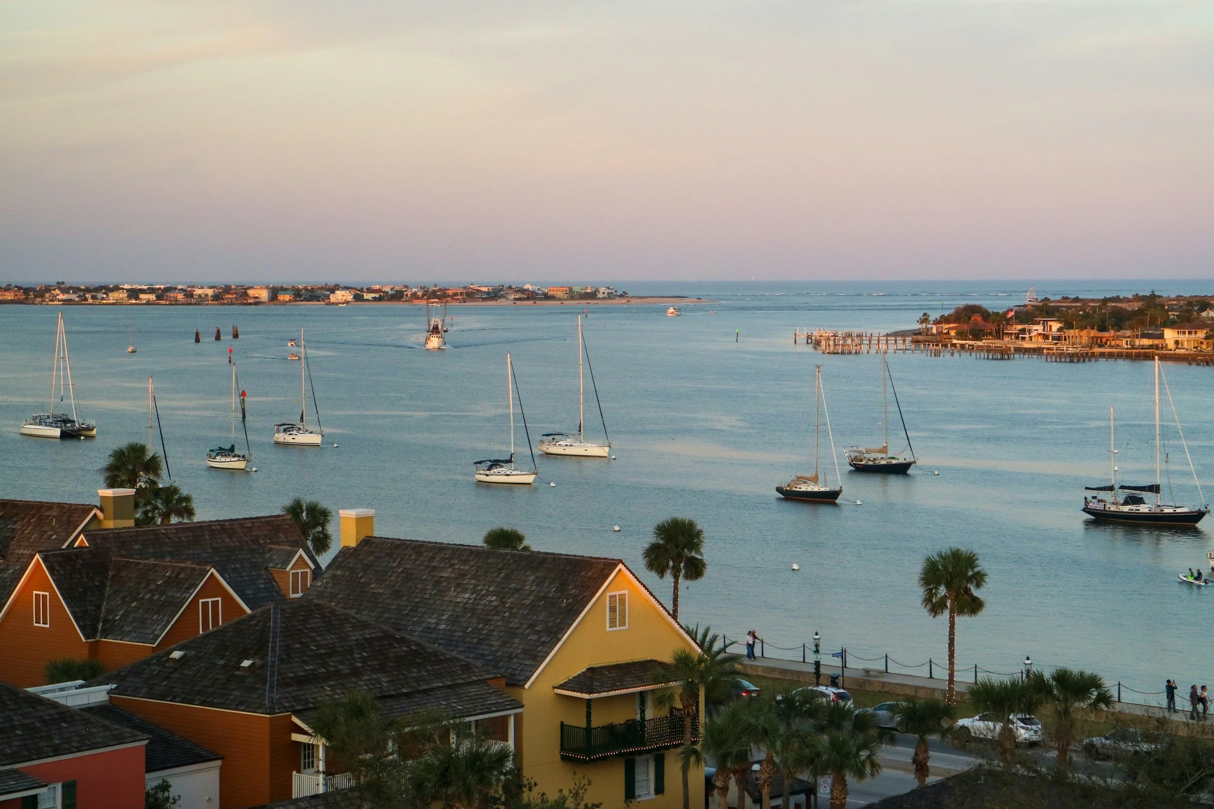 View of a harbor with sailboats and yachts in calm waters, neighborhood with colorful houses, palm trees, and a distant landmass under a pastel sky.