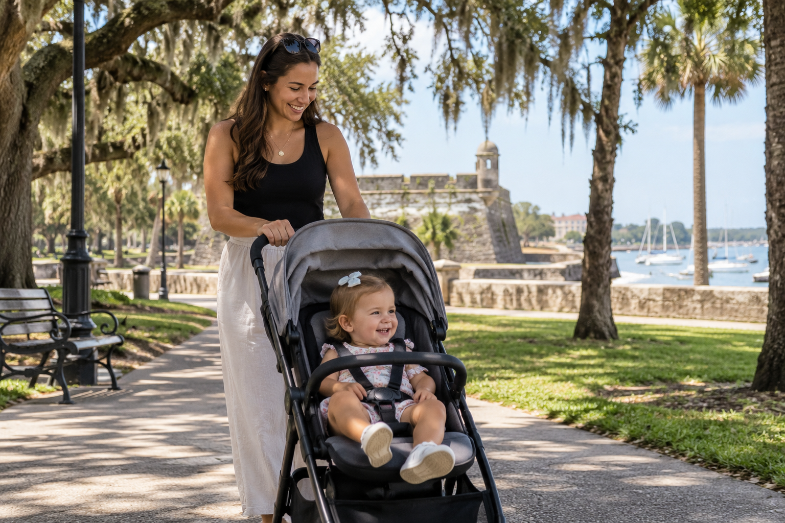A smiling woman pushing a toddler in a stroller on a sunny park path with trees, a pier, and sailboats in the background.