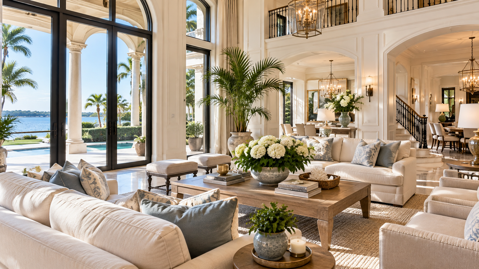 Luxurious living room with large glass doors opening to a view of water and palm trees, decorated with white sofas, orchids, potted plants, and chandeliers
