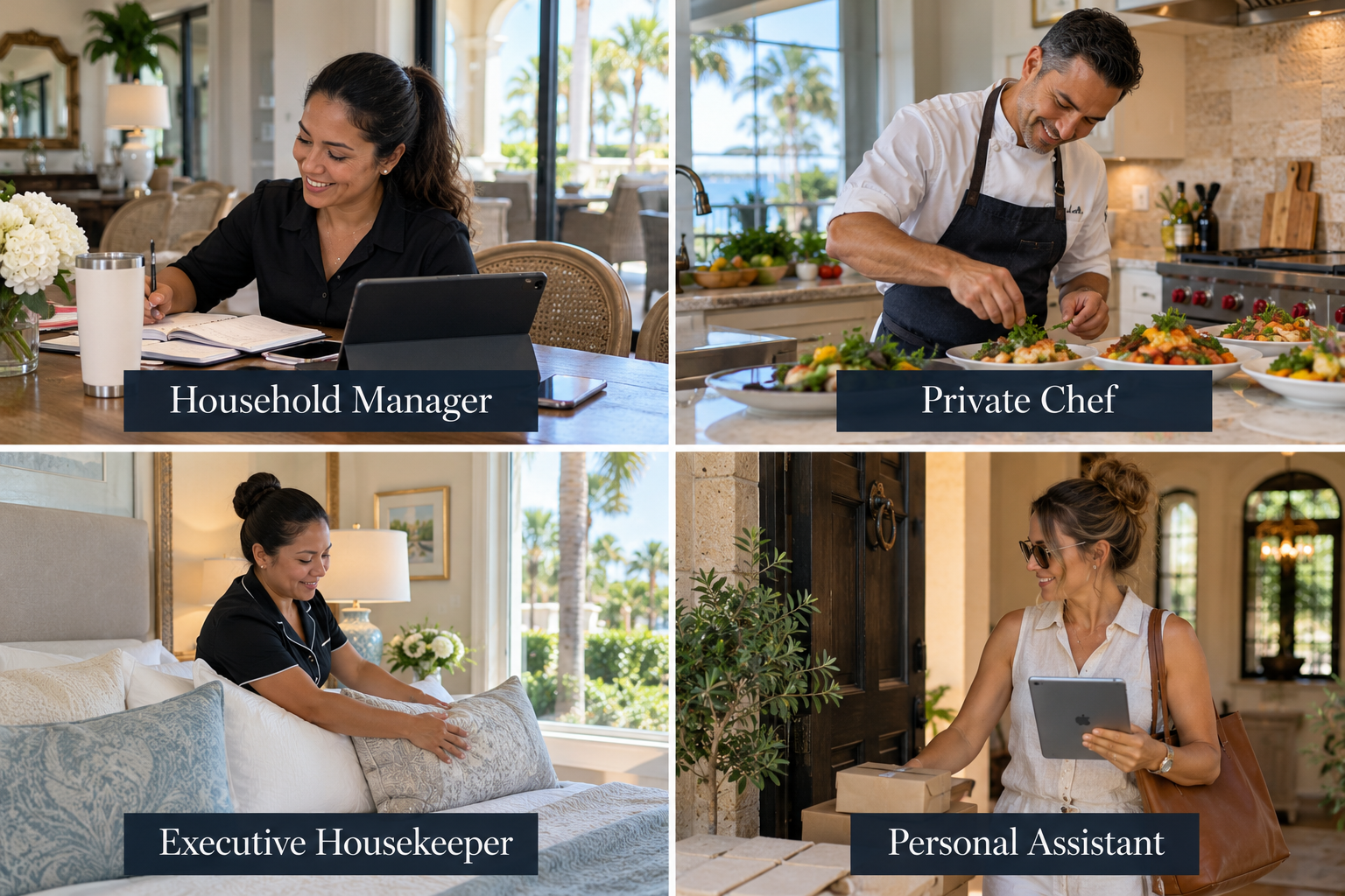 Four household professionals at work in Northeast Florida homes: a household manager, a private chef, an executive housekeeper, and a personal assistant