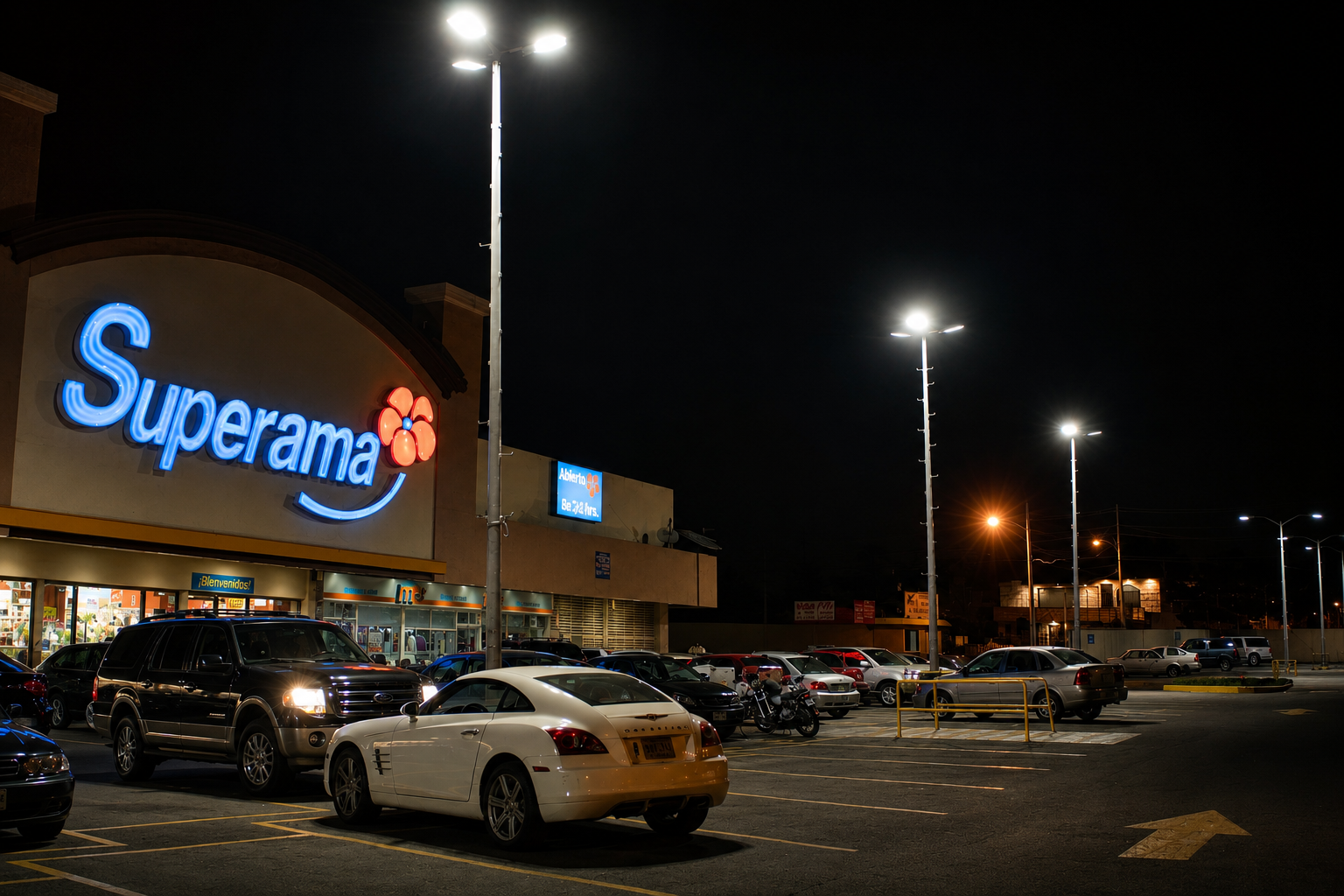 Estacionamiento nocturno frente a supermercado Superama con coches y motos en la parte frontal, cartel luminoso y luces altas iluminando el lugar.