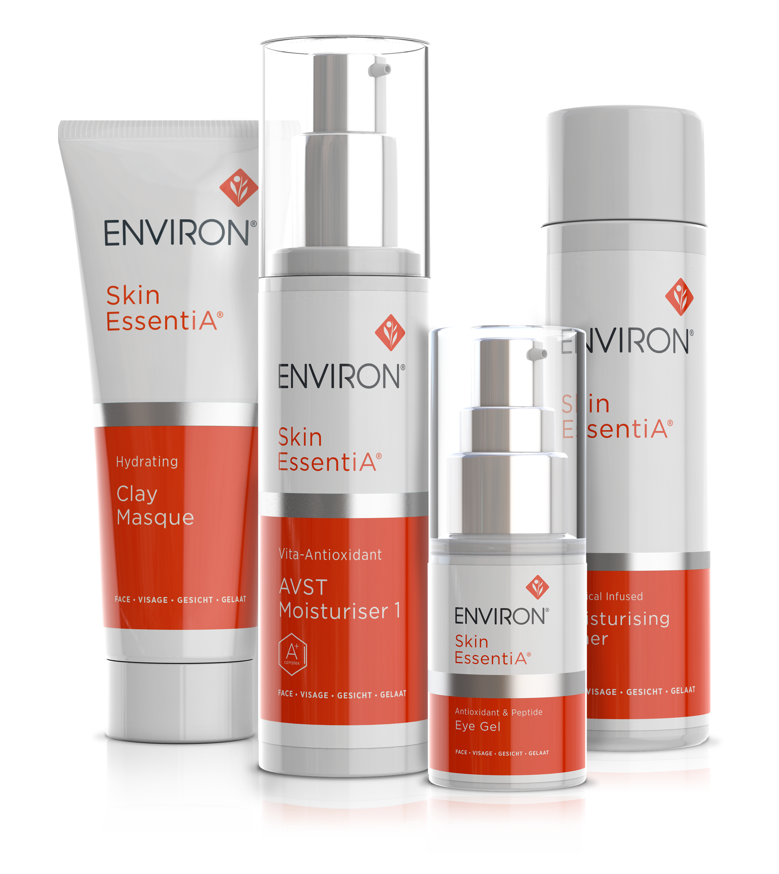Collection of skincare products from Environ, including a hydrating clay mask, a moisturiser,  an eye gel, all in white and orange packaging.
