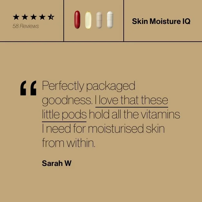Advanced Nutrition Programme - Skin Moisture IQ :  a 4-star review, along with a quote about product effectiveness and a customer testimonial from Sarah W.