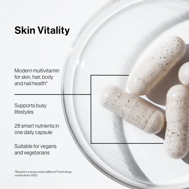 Advanced Nutrition Programme 'Skin Vitality' multivitamin capsules, highlighting benefits such as supporting skin, hair, body & nail health, suitable for vegans &  vegetarians, containing 28 nutrients in one daily capsule, supporting busy lifestyles.