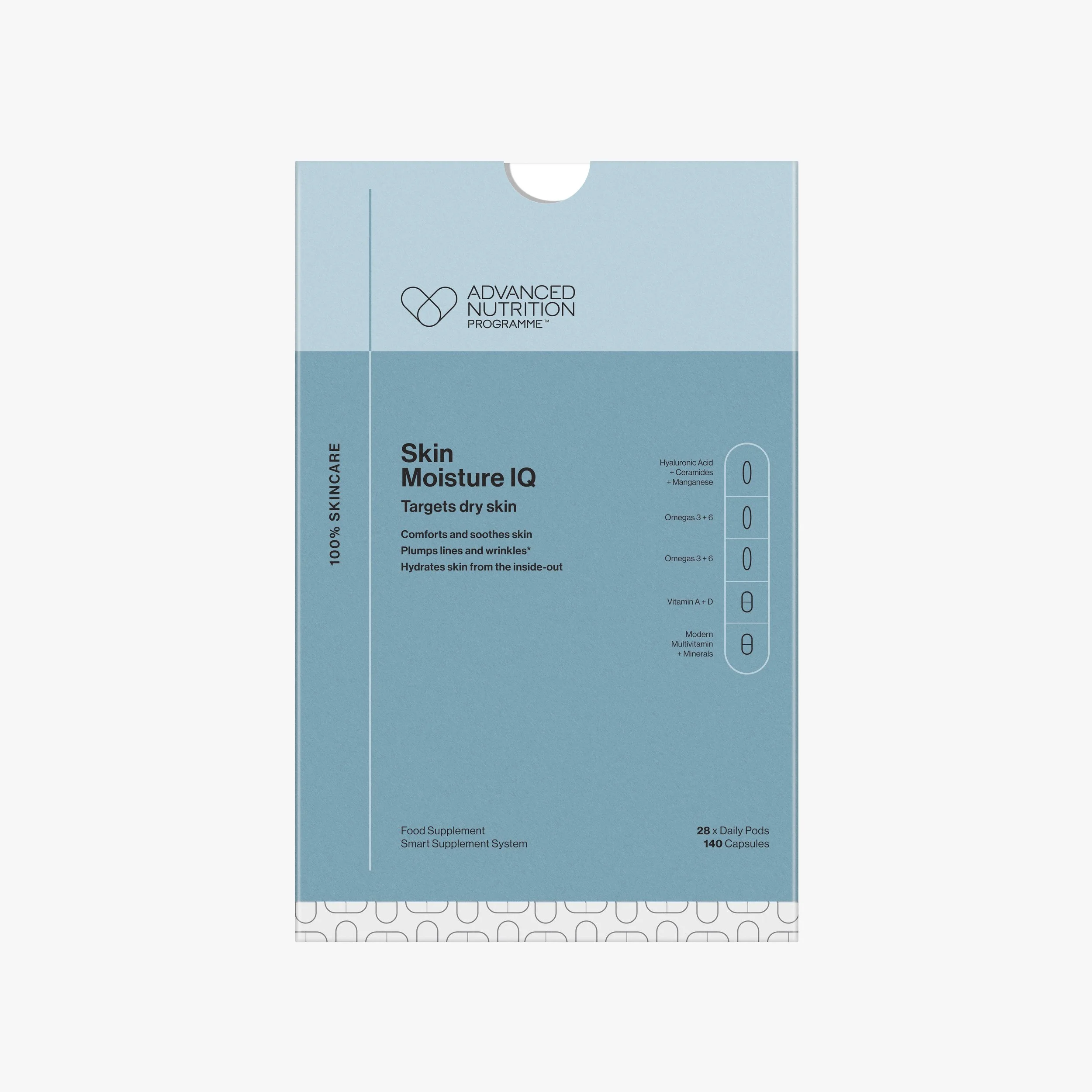 Blue box of Advanced Nutrition Programme skincare supplement labeled "Skin Moisture IQ" with ingredients and benefits listed, featuring a white blister pack of capsules at the bottom.