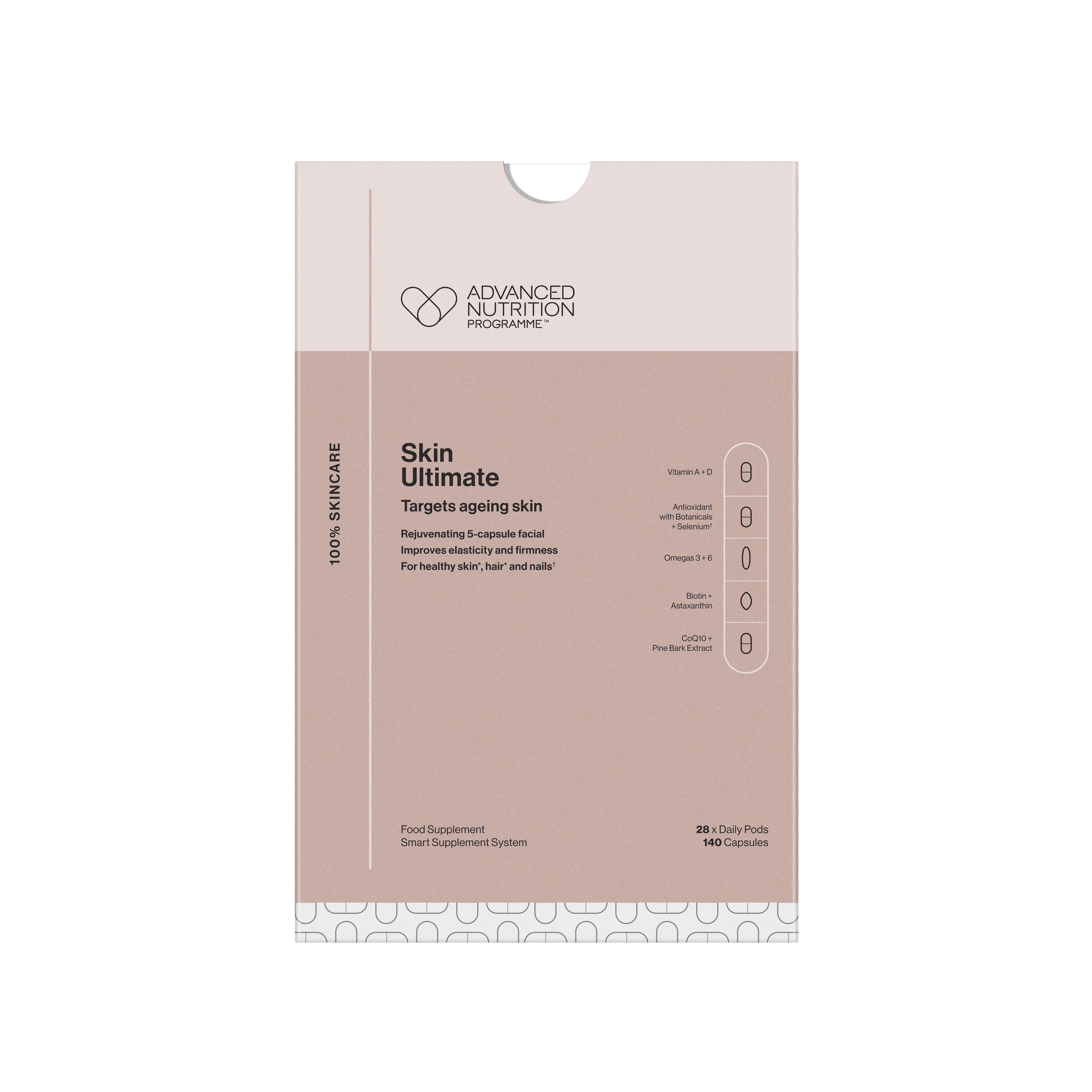 Box of Advanced Nutrition Programme Skin Ultimate dietary supplements, with a pale pink and white design, showcasing key ingredients like Vitamin A+D, antioxidants, omega 3+6, biotin, astaxanthin, and CoQ10, for improving skin, hair, and nails.