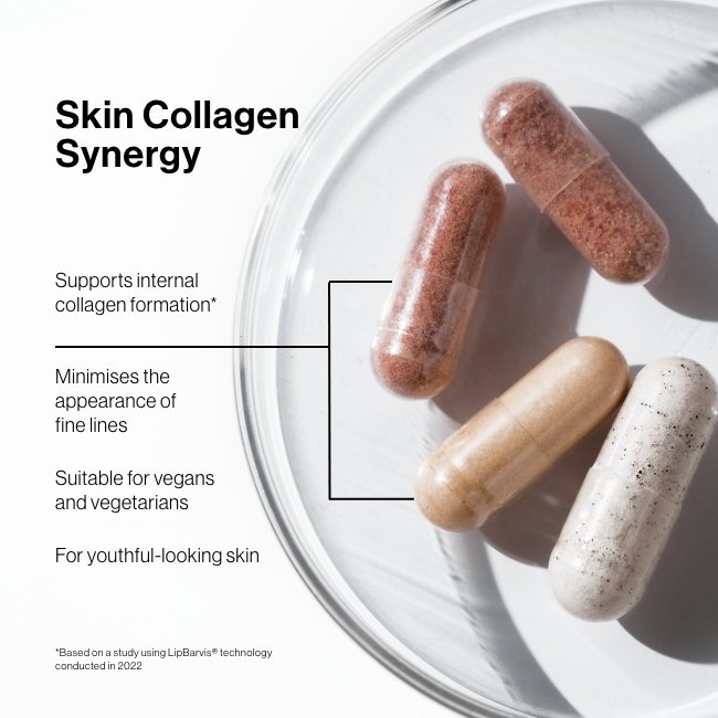 Advanced Nutrition Programme -  skin collagen synergy benefits, including supporting internal collagen formation, minimising fine lines, suitable for vegans and vegetarians and promoting youthful-looking skin.