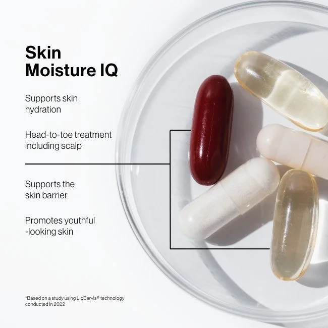 Advanced Nutrition Programme - skin moisture IQ  including a red capsule, two clear capsules, and a white capsule, with text describing their benefits for skin hydration, scalp treatment, skin barrier support, and youthful appearance.