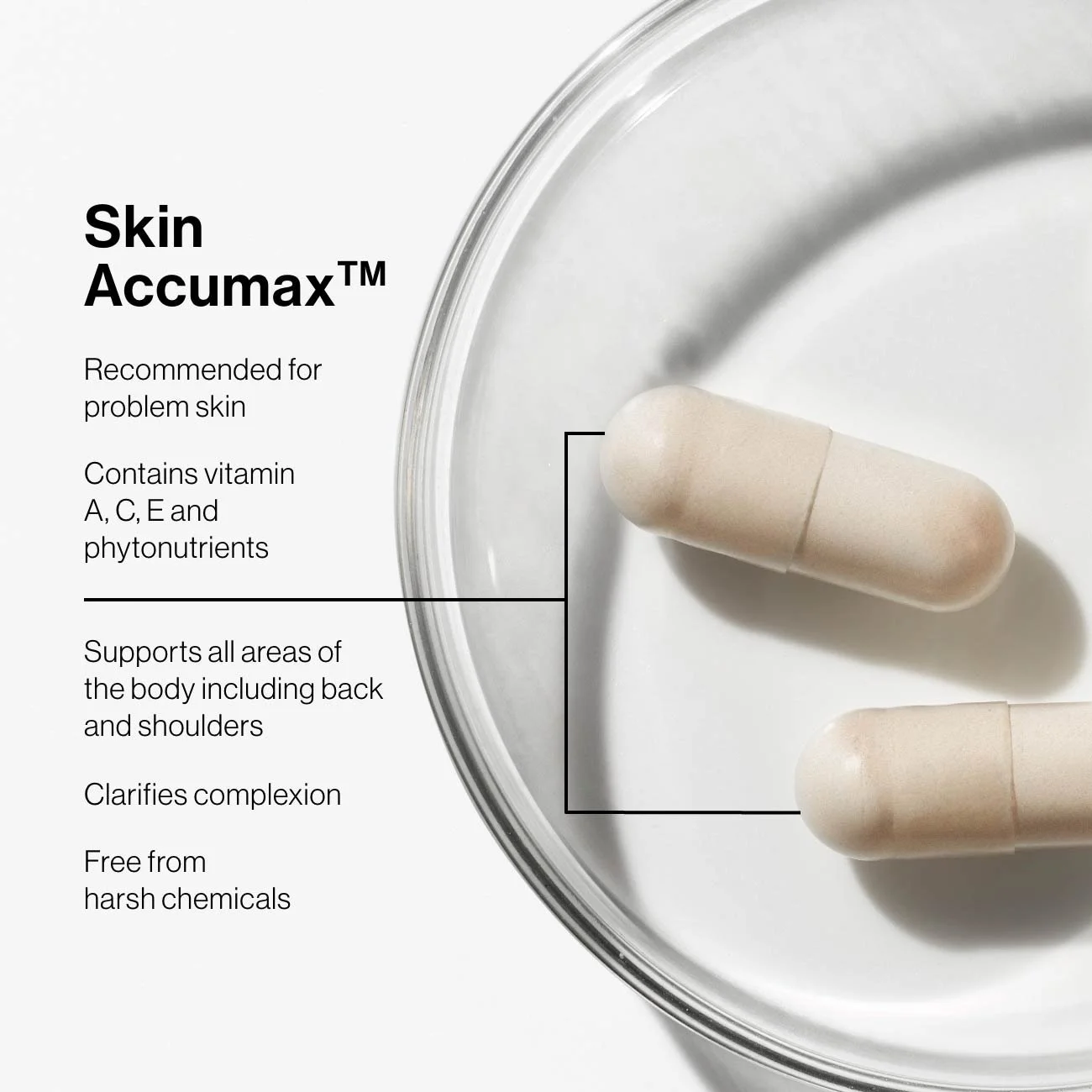 Advanced Nutrition Programme -Skin AccuMax capsules recommended for problem skin, containing vitamins A, C, E, and phytonutrients, supporting all body areas including back and shoulders, clarifying complexion and being free from harsh chemicals.
