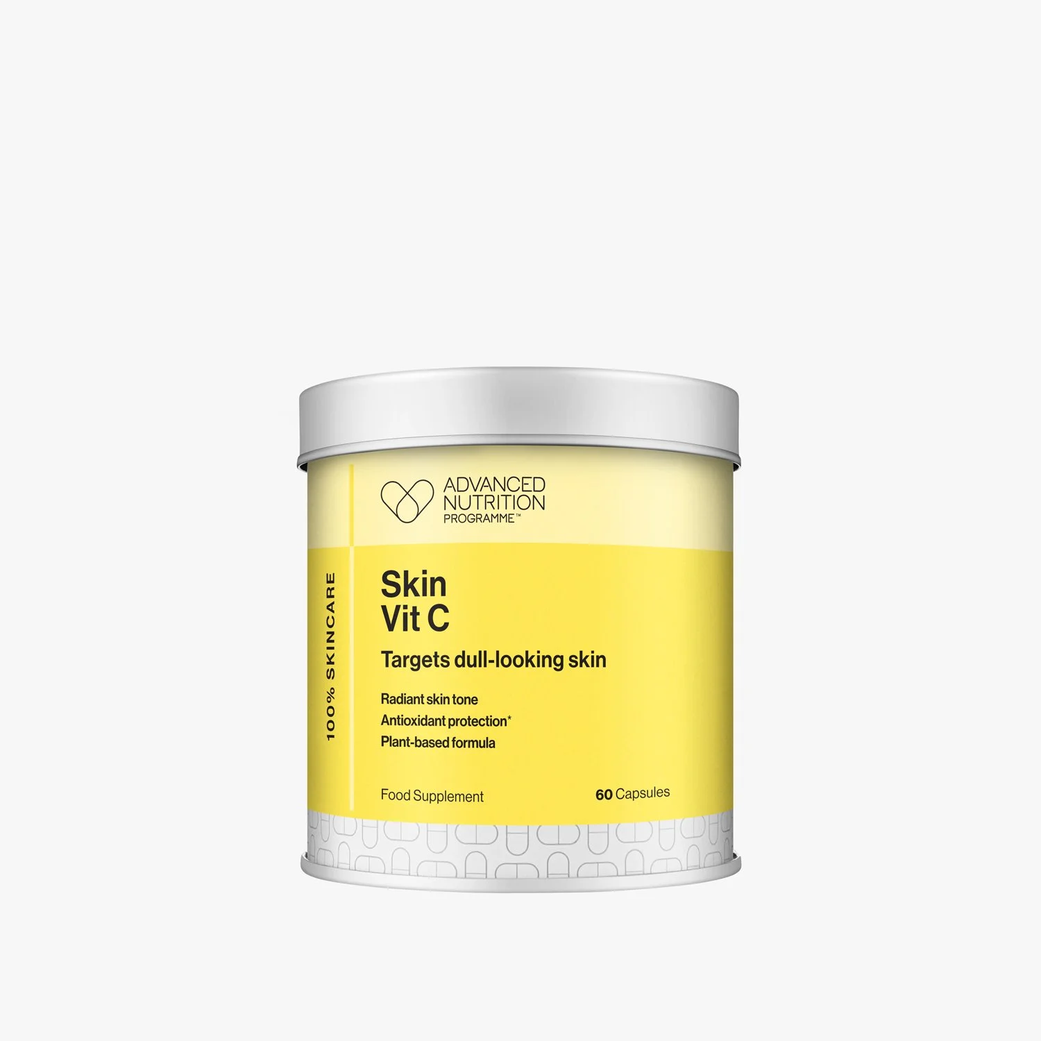 Advanced Nutrition Programme -  Skin Vit C supplement with yellow label and silver lid, labeled for targeted dull-looking skin, antioxidant protection, and plant-based formula, containing 60 capsules.