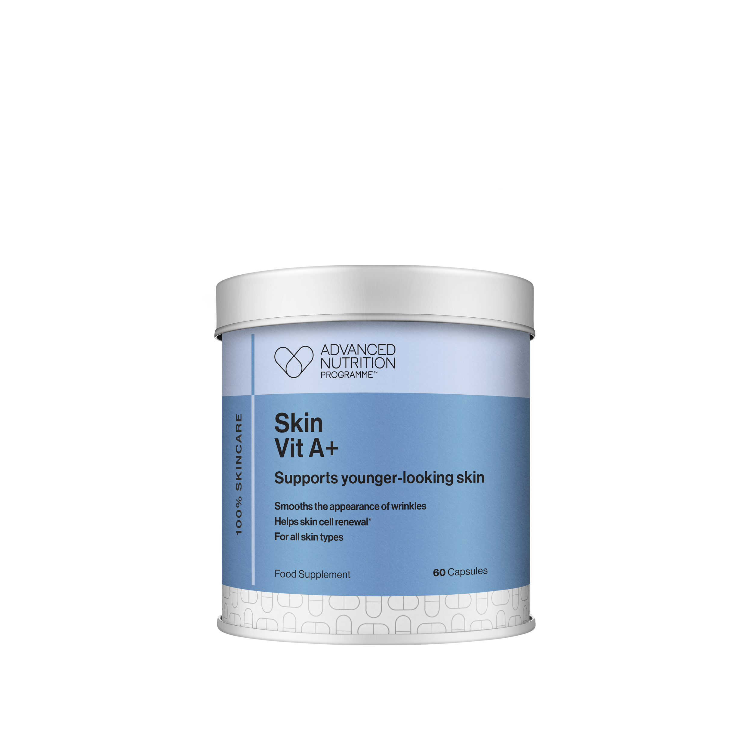 A supplement bottle labeled 'Skin Vit A+' from Advanced Nutrition Programme, supporting younger-looking skin, with capsules inside.