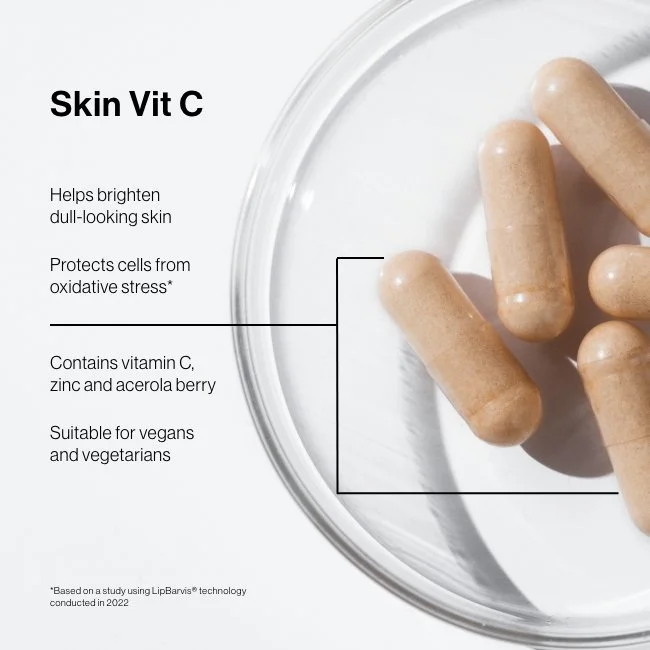 Advanced Nutrition Programme  - Skin vitamin C supplements & a label describing their benefits, including brightening dull skin, protecting cells from oxidative stress & containing vitamin C, zinc &  acerola berry. Suitable for vegans & vegetarians.