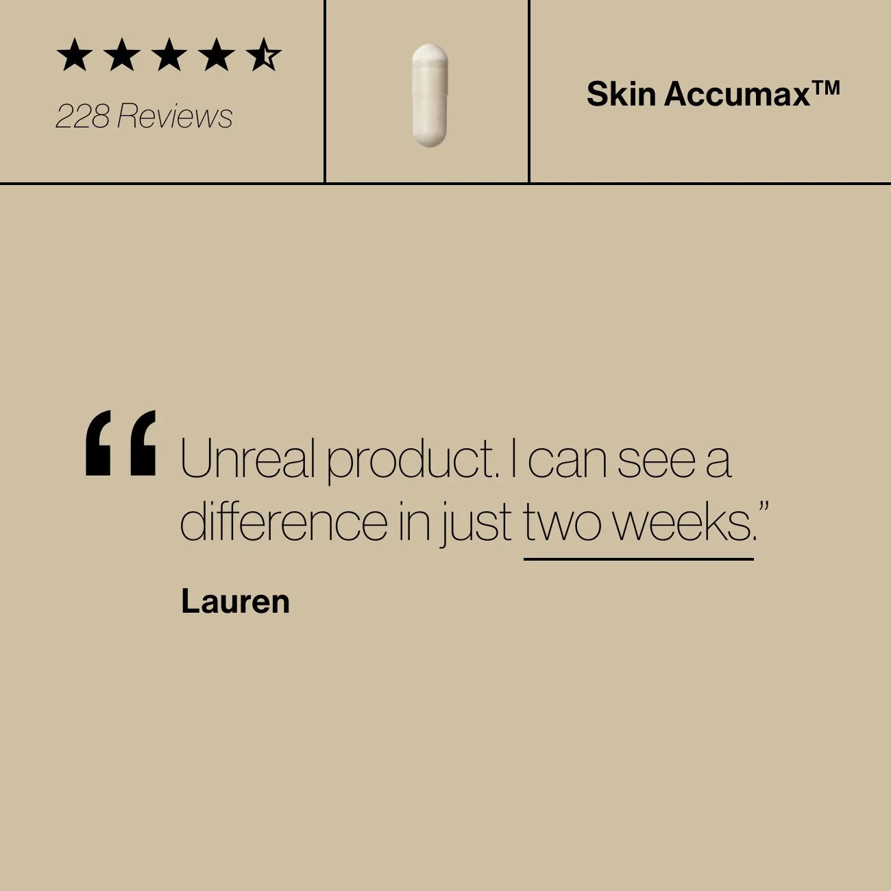 Advanced Nutrition Programme - Product review graphic for Skin Accumax. Shows a 4.5-star rating from 228 reviews, a capsule image, and a quote from Lauren stating, "Unreal product. I can see a difference in just two weeks."