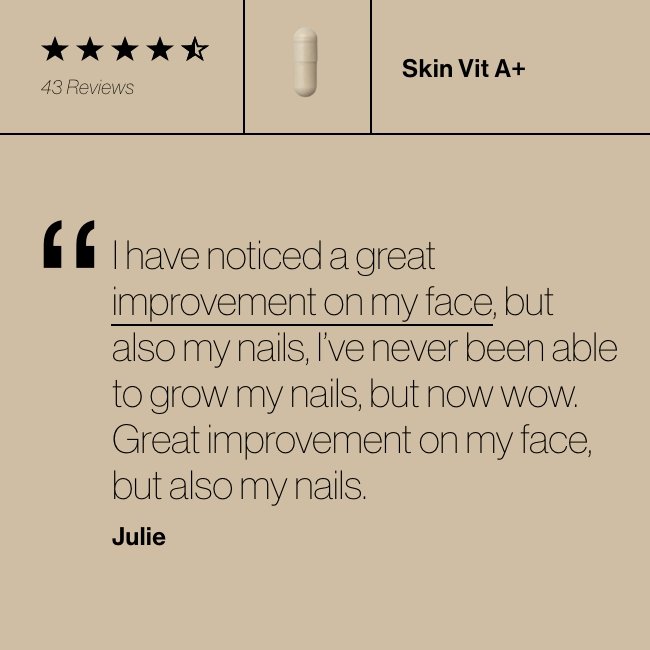 Advanced Nutrition Programme - Customer review for Skin Vit A+ with five stars, 43 reviews. The review mentions noticeable improvement in face and nails, especially in nail growth. The reviewer is named Julie.