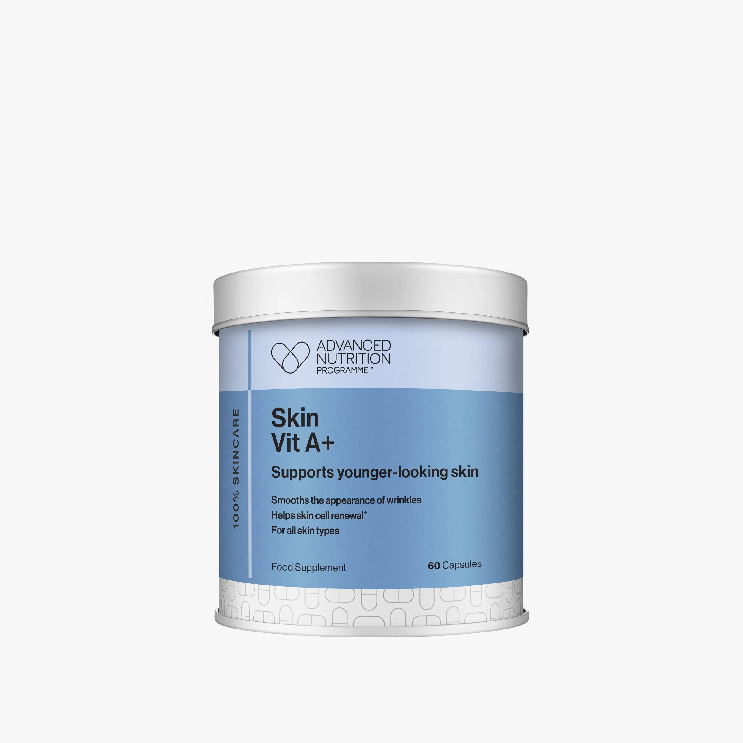 A cylindrical food supplement container labeled "Skin Vit A+" from Advanced Nutrition Programme, supporting youthful-looking skin, contains 60 capsules.