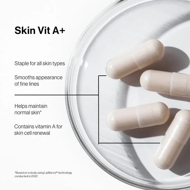Advanced Nutrition Programme  Skin Vit A+ supplements for all skin types, highlighting benefits such as smoothing fine lines, maintaining normal skin, and containing vitamin A for skin cell renewal.