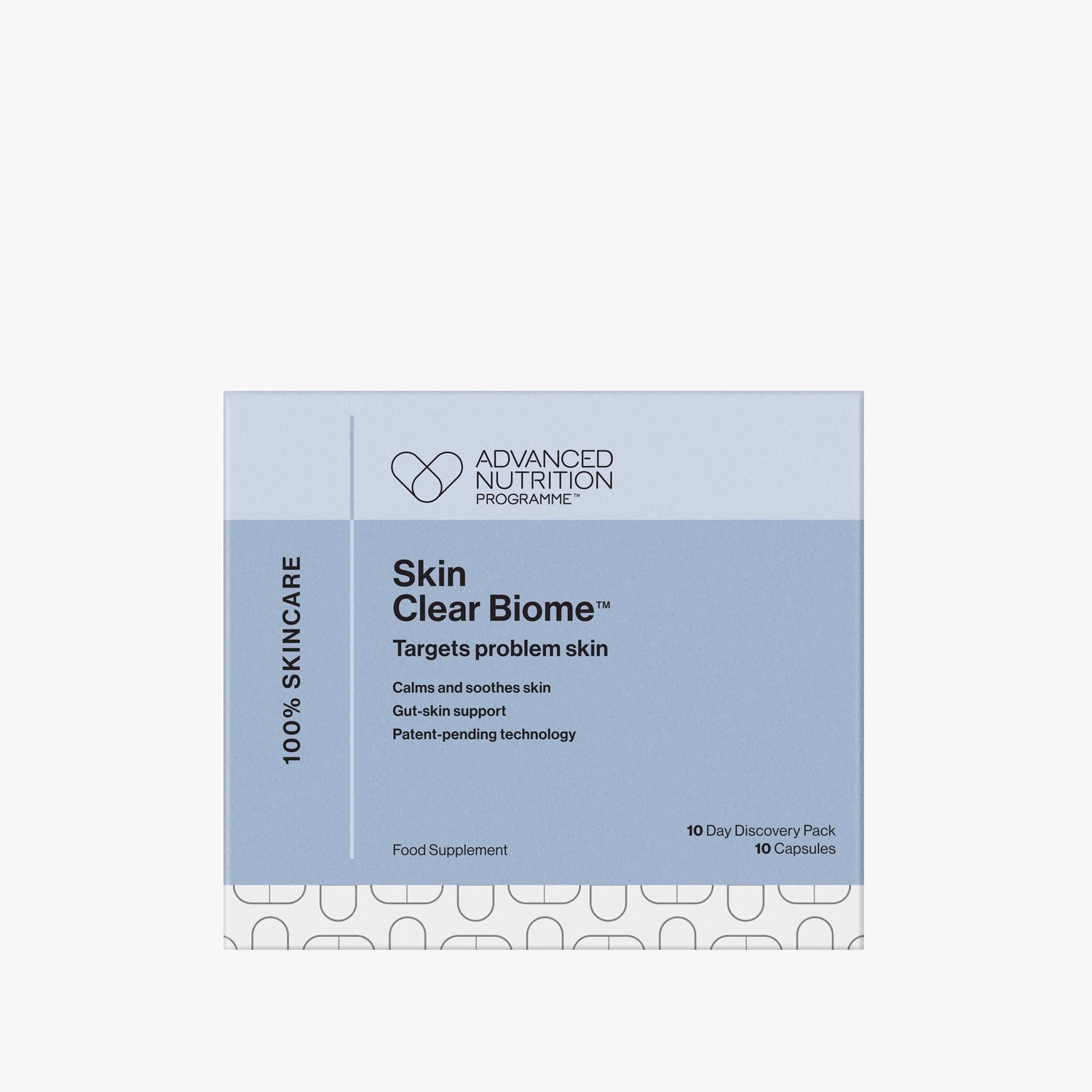 A blue box of Advanced Nutrition Programme Skin Clear Biome dietary supplement, indicating it is a 10-day discovery pack with 10 capsules, targeting problem skin, with claims to calm and soothe skin, support gut health, and employing patent-pending t