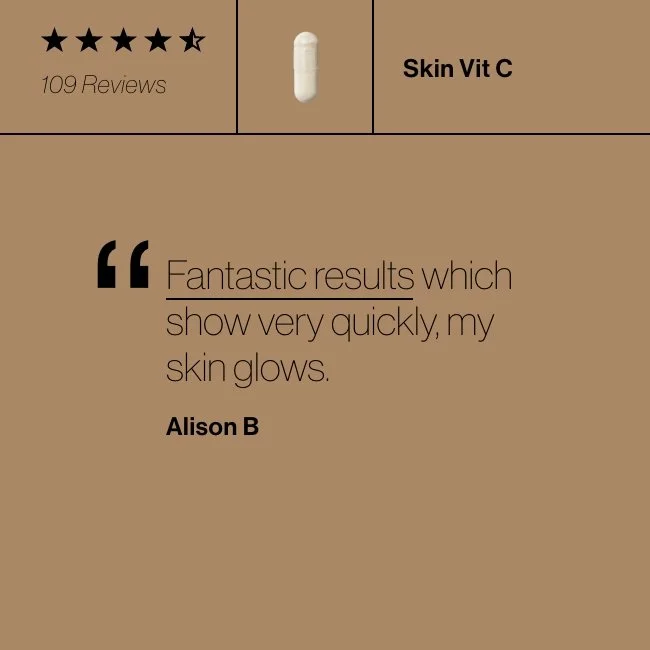 Advanced Nutrition Programme- Customer review of Skin Vit C supplement with 5-star rating and 109 reviews, featuring a capsule image, the text "Fantastic results which show very quickly, my skin glows," and the name Alison B.