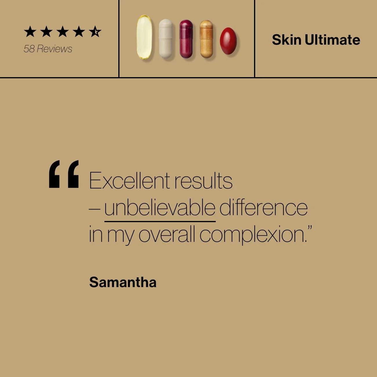 Advanced Nutrition Programme - Customer review section with a five-star rating, 58 reviews, and an image of various pills or capsules. A quote says, 'Excellent results - unbelievable difference in my overall complexion.' Signed by Samantha.