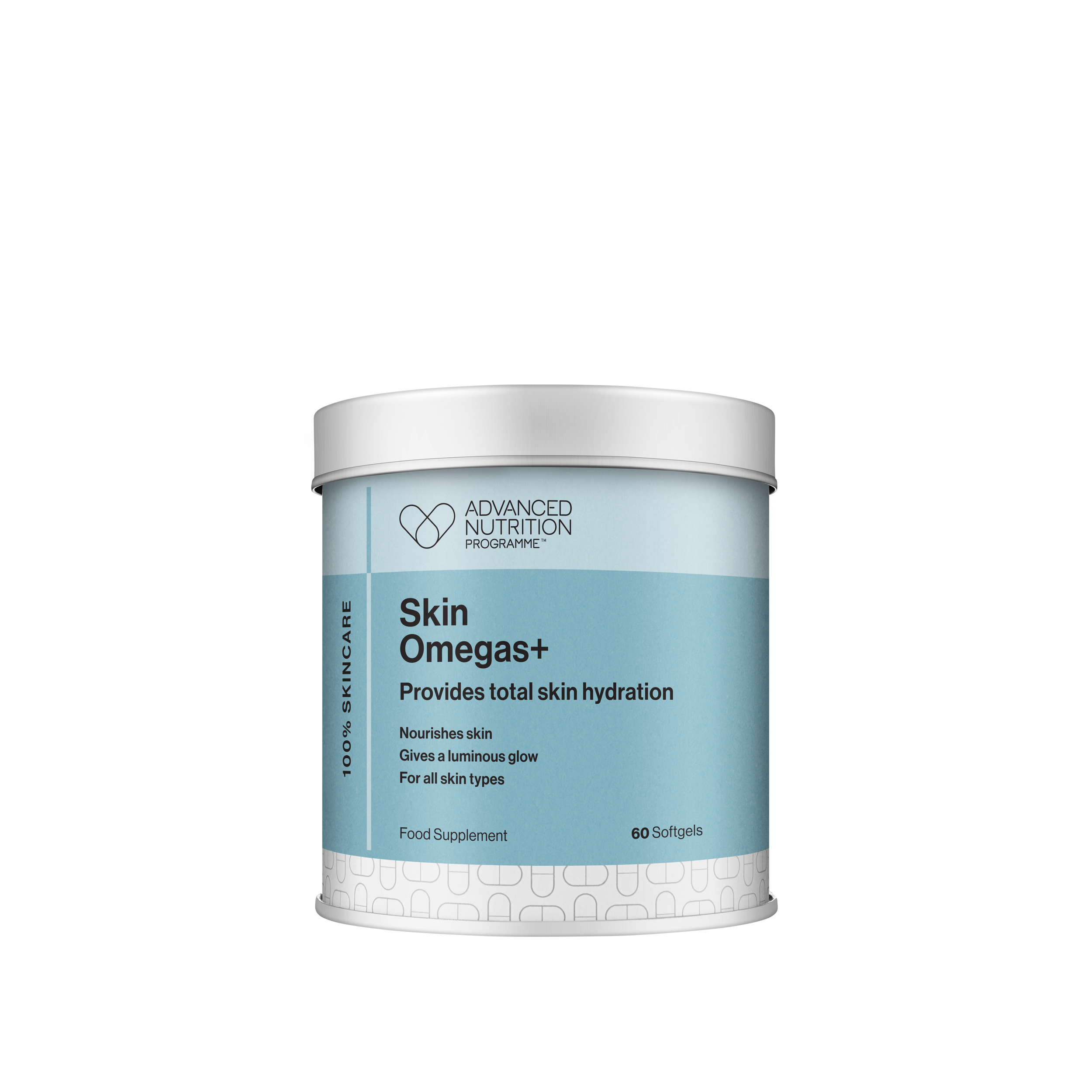 A container of Advanced Nutrition Programme Skin Omegas+ dietary supplement softgels.