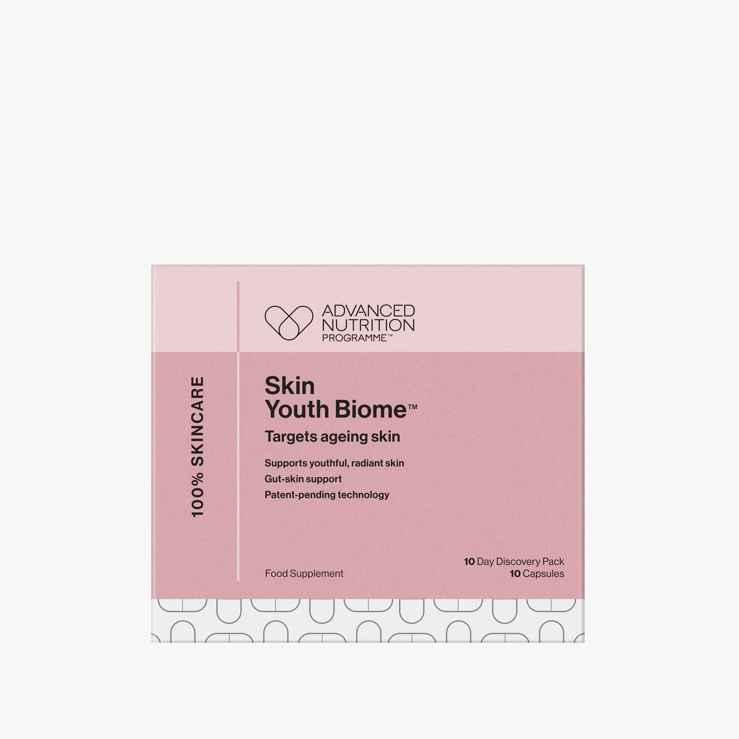 Packaging of a skincare supplement box labeled 'Advanced Nutrition Programme Skin Youth Biome' with details about targeting aging skin, supporting youthful and radiant skin, and gut support. The box mentions a 10-day discovery pack with 10 capsules.