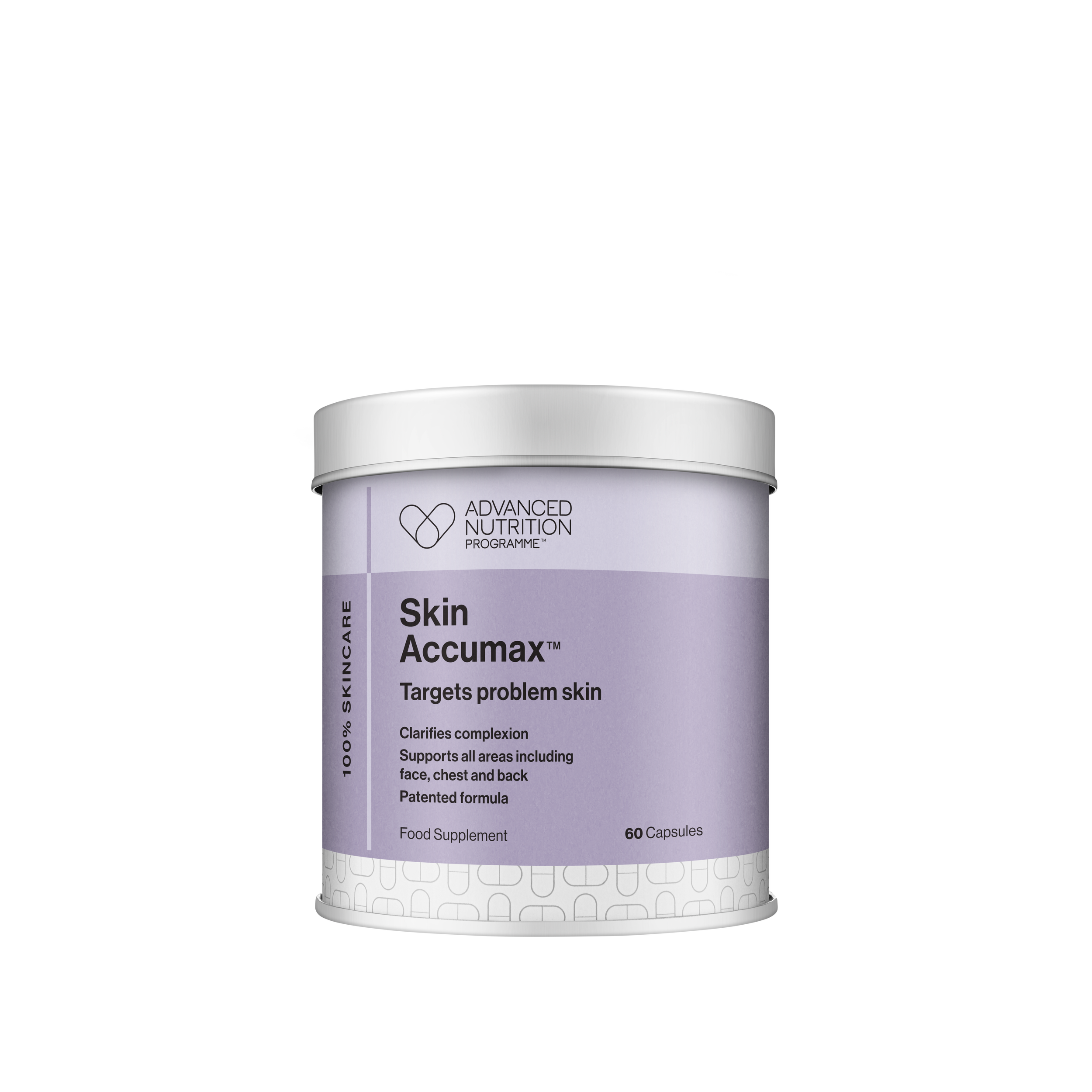A bottle of Advanced Nutrition Programme Skin Accumax dietary supplement capsules