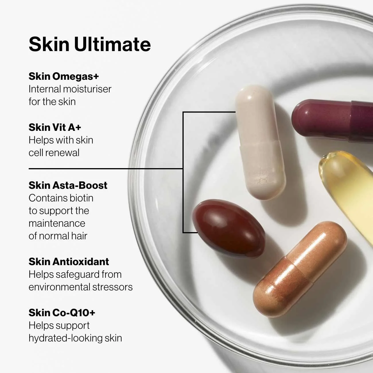  Advanced Nutrition Programme  - SkinUltimate  - describing their benefits for skin health, including skin Omegas+, Skin Vit A+, Skin Asta-Boost, Skin Antioxidant, and Skin Co-Q10+.