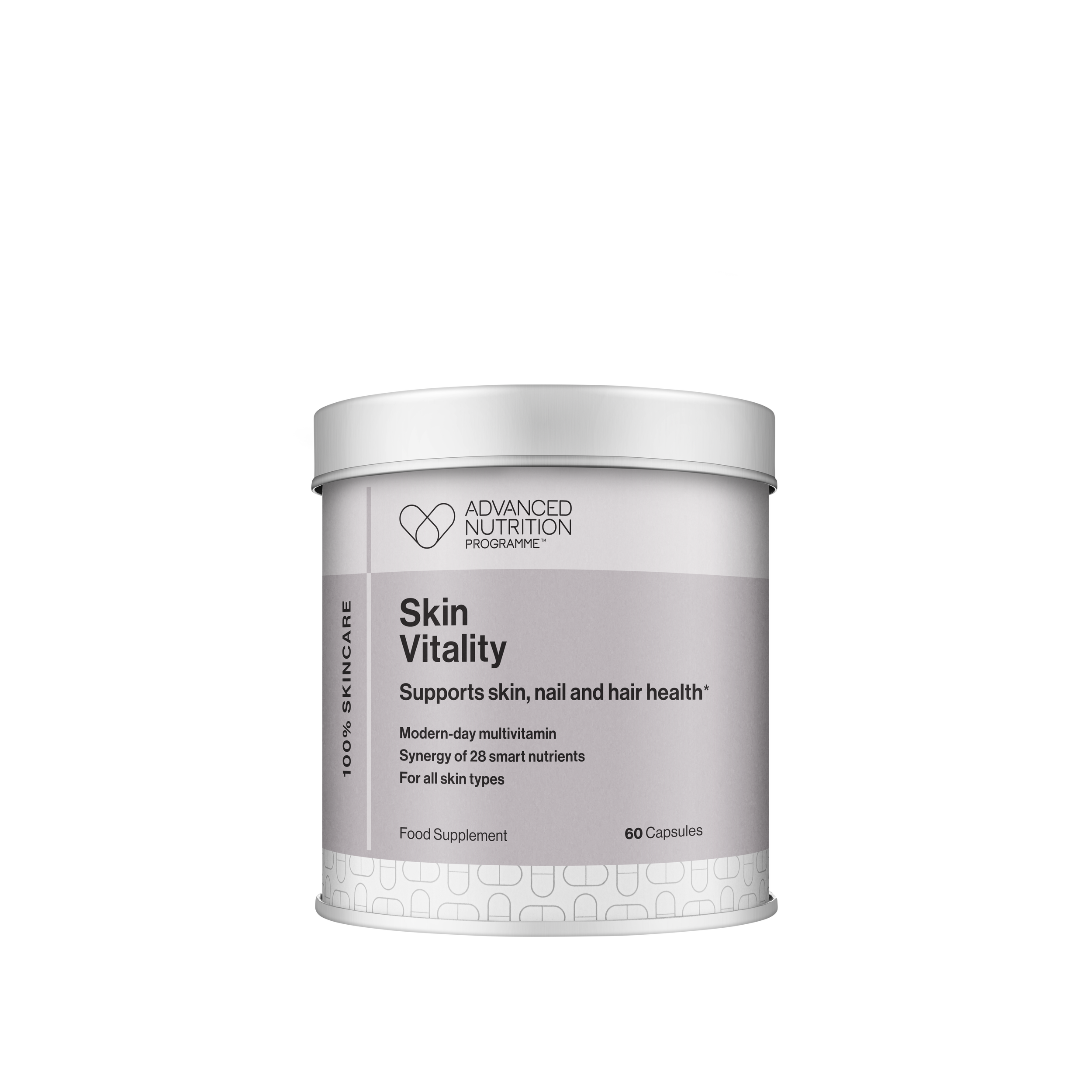 Bottle of Advanced Nutrition Programme Skin Vitality dietary supplement with white label, black text, and black logo, containing 60 capsules.