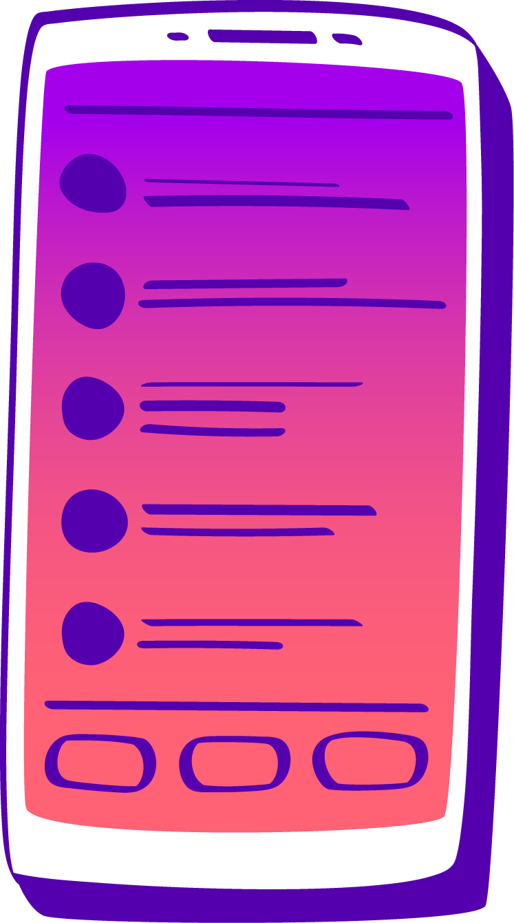 Stylized illustration of a smartphone screen displaying a social media feed with text posts and icons.