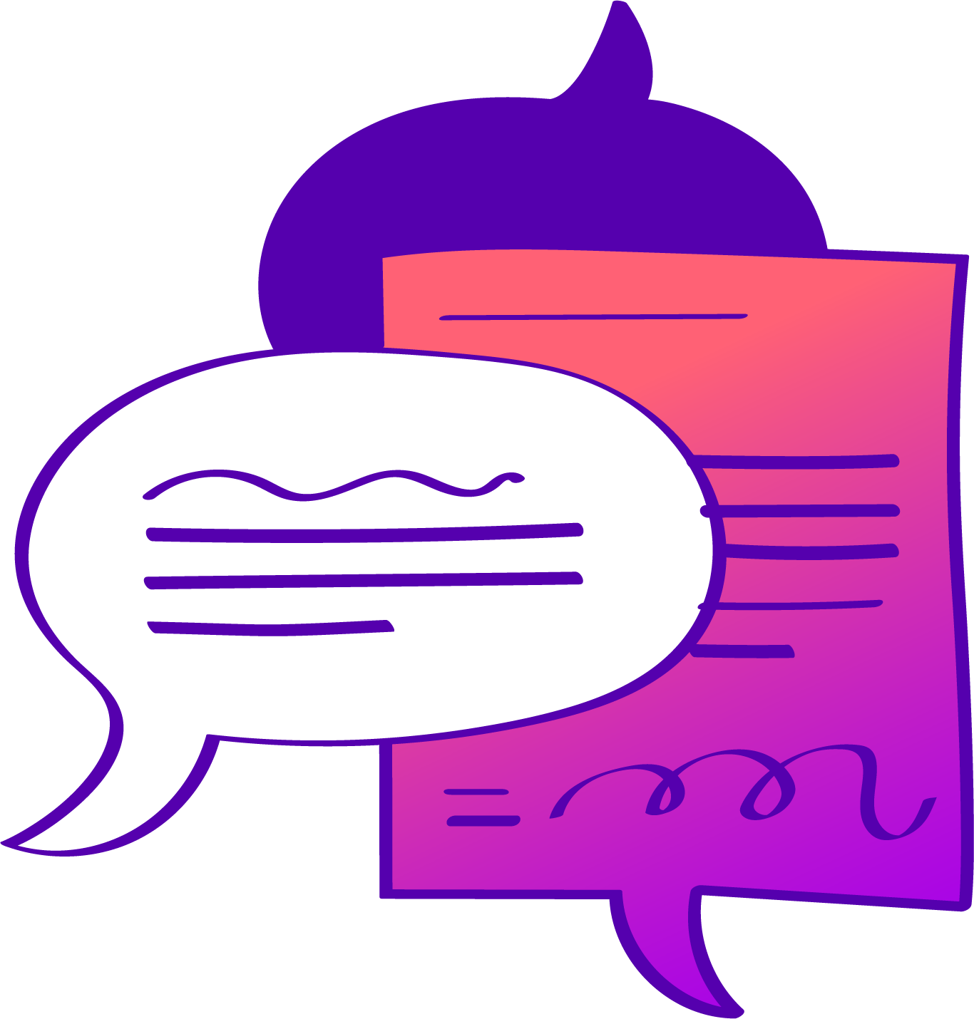 Abstract digital illustration of a smartphone with speech bubbles, using a purple and pink color scheme.