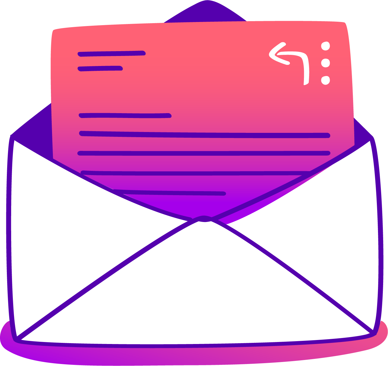 An open envelope with a letter inside featuring a gradient pink and purple background and some lines of text.