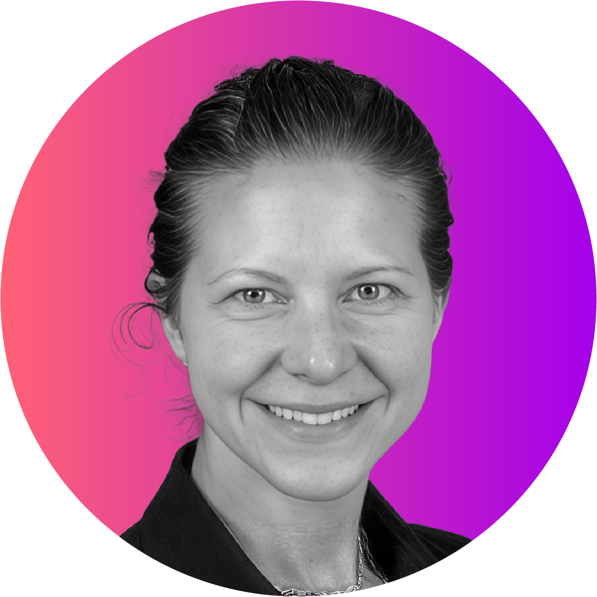 Black and white portrait of a smiling woman with light skin and slicked-back hair, set against a colorful pink and purple gradient background.