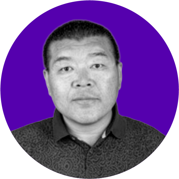 Black and white portrait of an Asian man with short hair, wearing a patterned shirt, against a purple background.