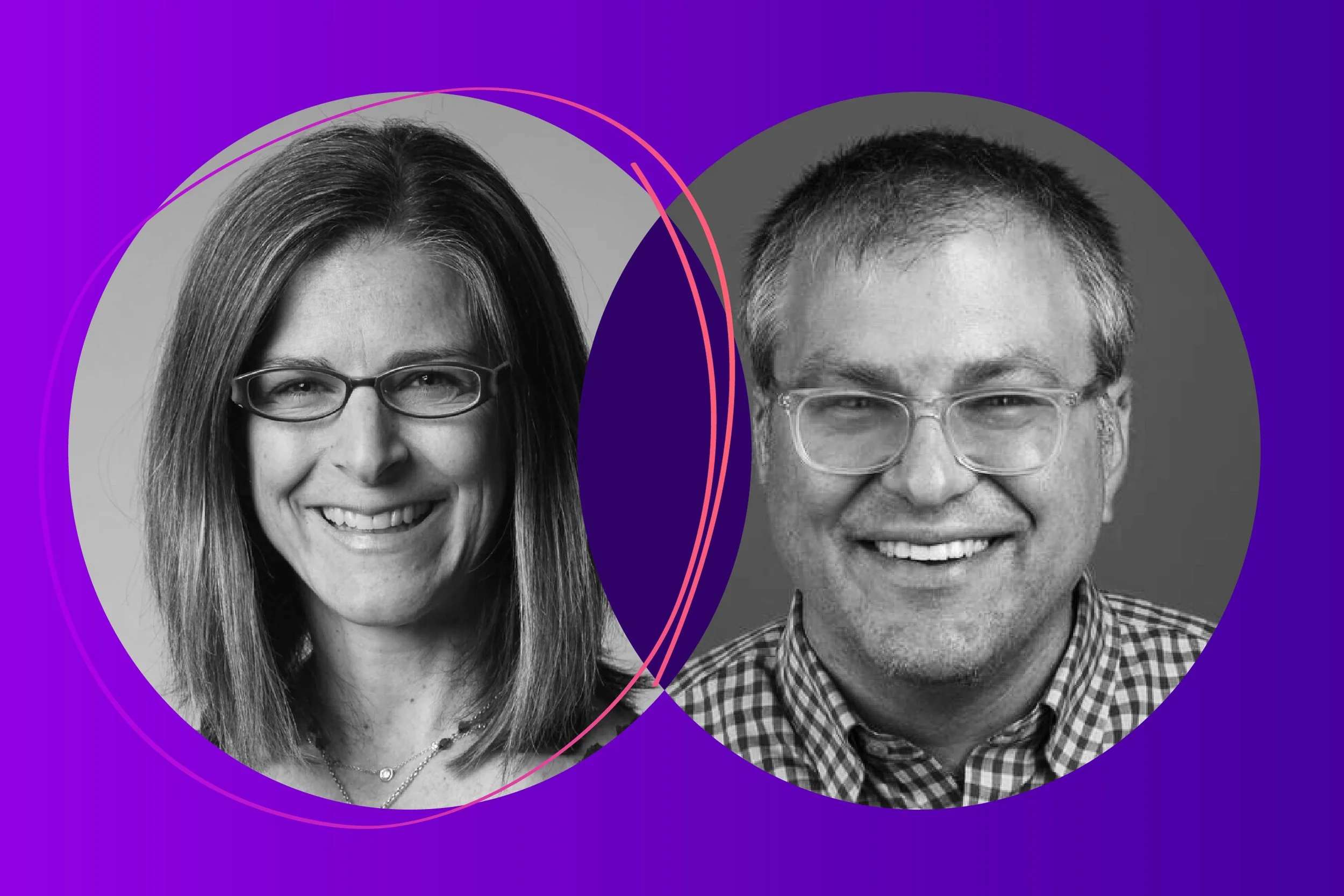 Black and white headshots of a woman and man wearing glasses on a purple gradient background