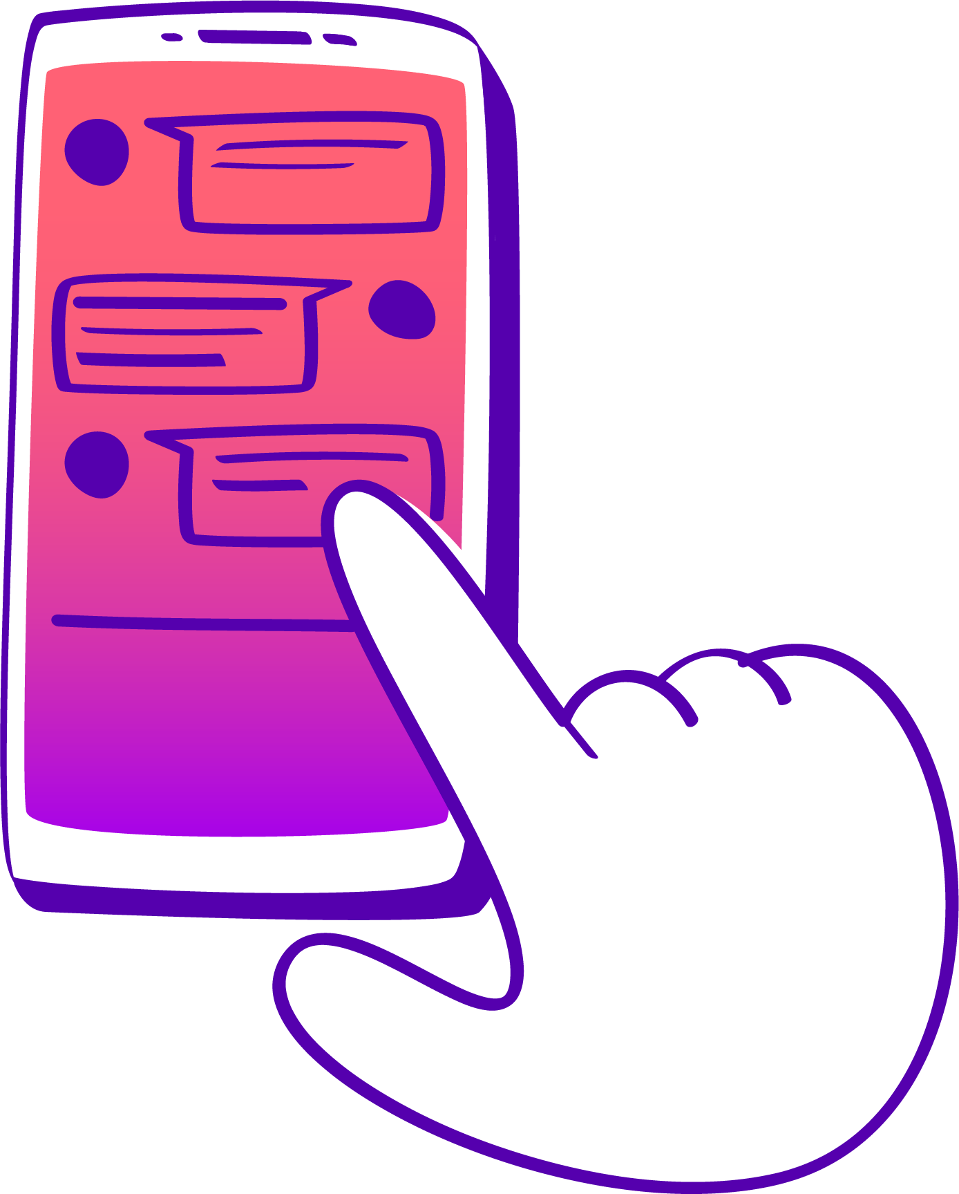 A cartoon illustration of a hand with a white sleeve holding a smartphone vertically. The smartphone screen displays a chat conversation with pink background and purple chat bubbles. The hand's index finger is touching the screen.