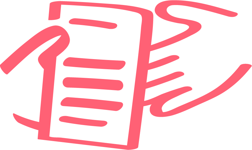A stylized pink outline of a hand holding a sheet of paper or document.