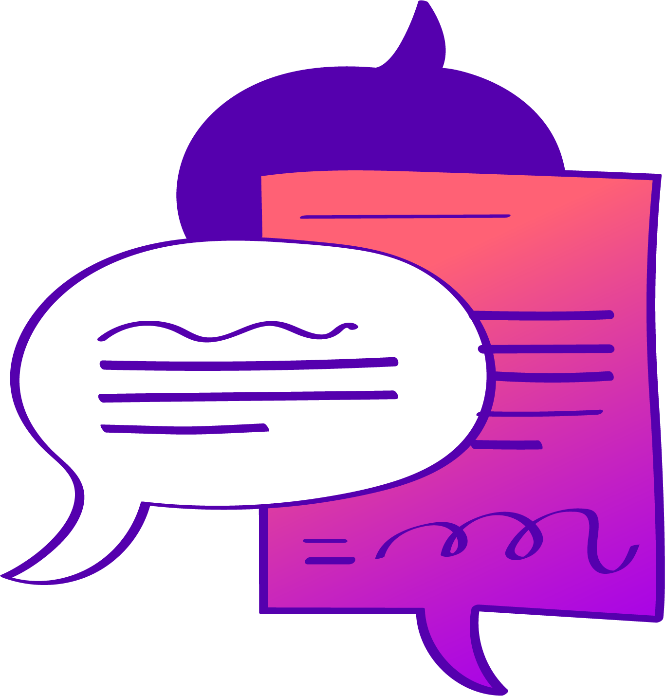Illustration of a purple and pink background with layered speech bubbles with lines representing text.