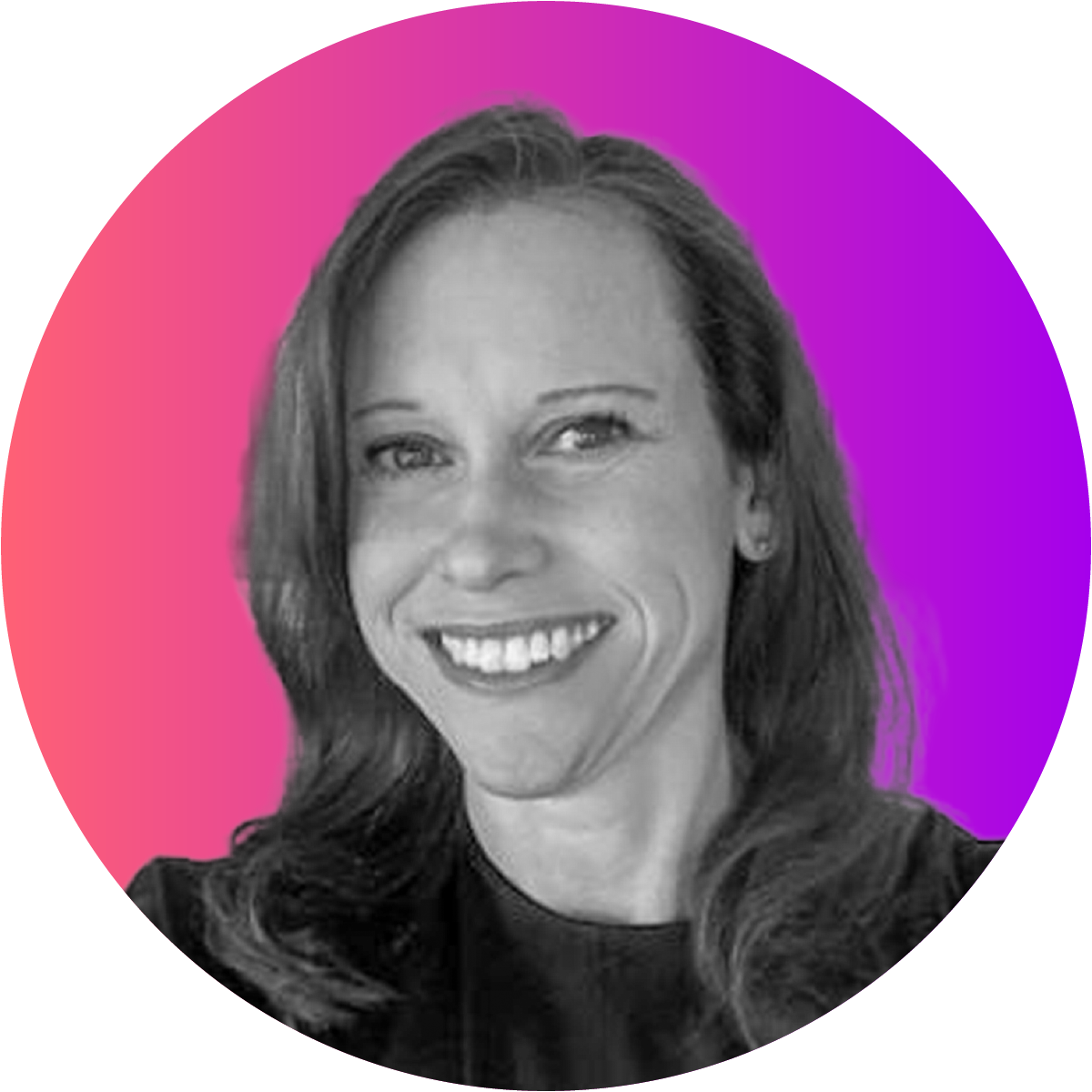 Black and white portrait of a smiling woman with long hair, set against a colorful pink and purple background.
