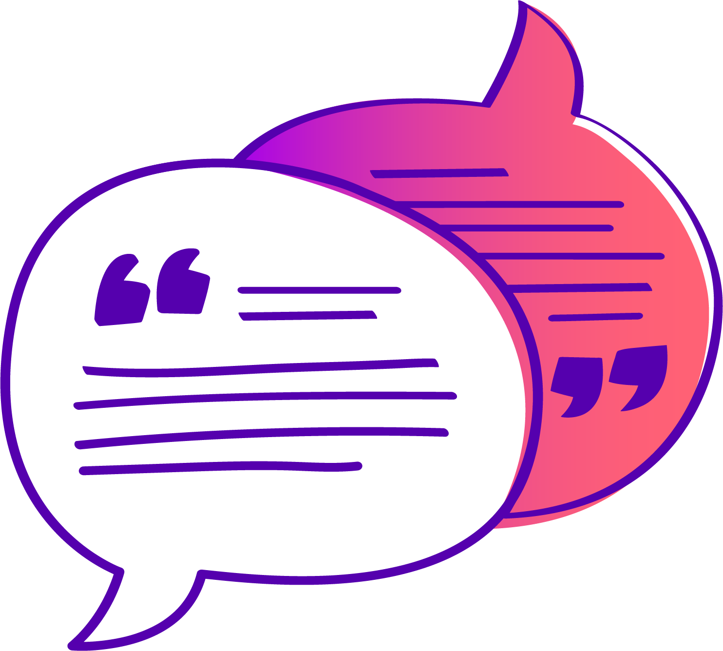 Two overlapping speech bubbles, one white and the other pink and purple, with lines of text and quotation marks, symbolizing conversation or communication.