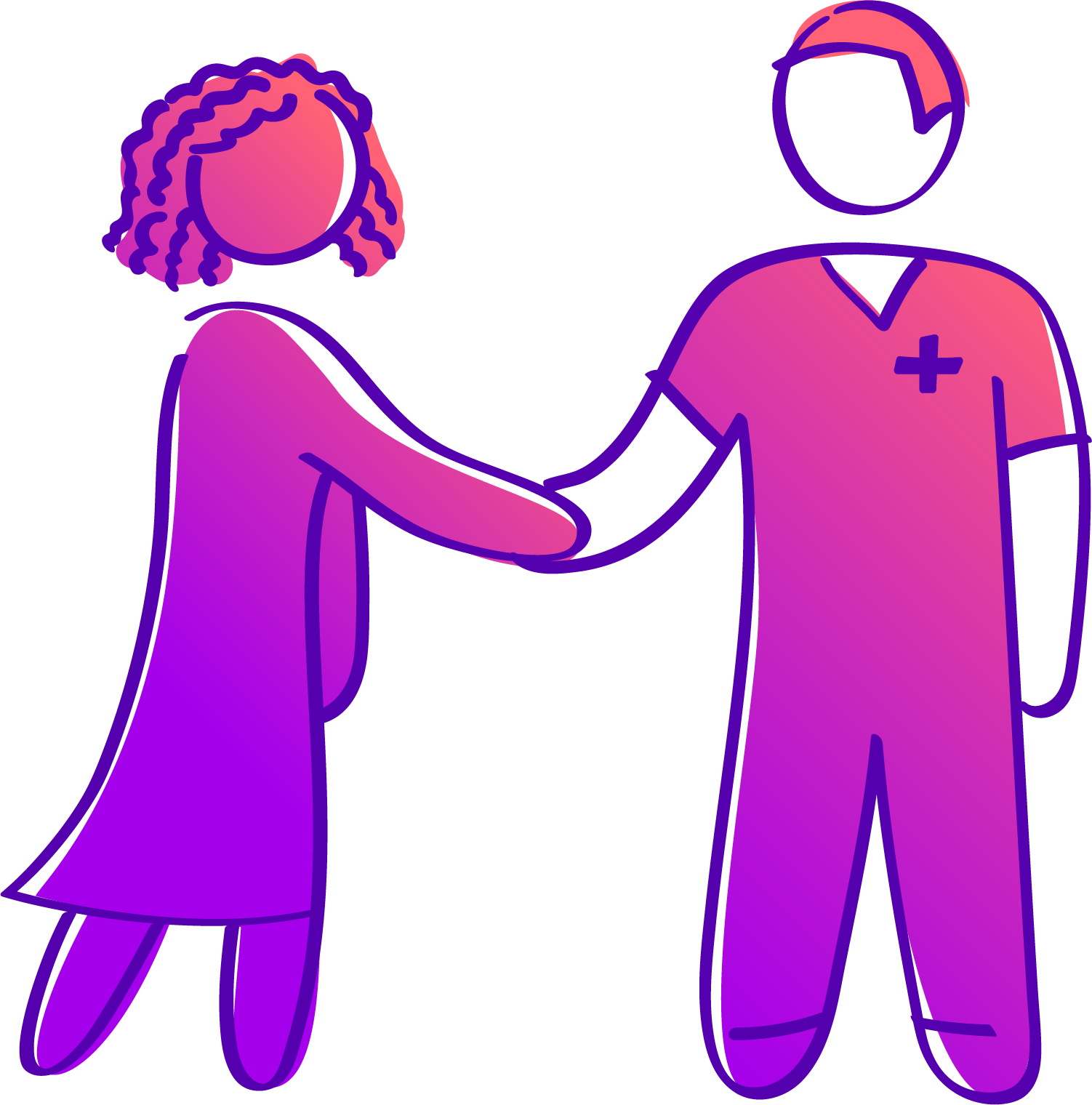 Illustration of a healthcare worker shaking hands with a patient, both wearing scrubs and face masks.