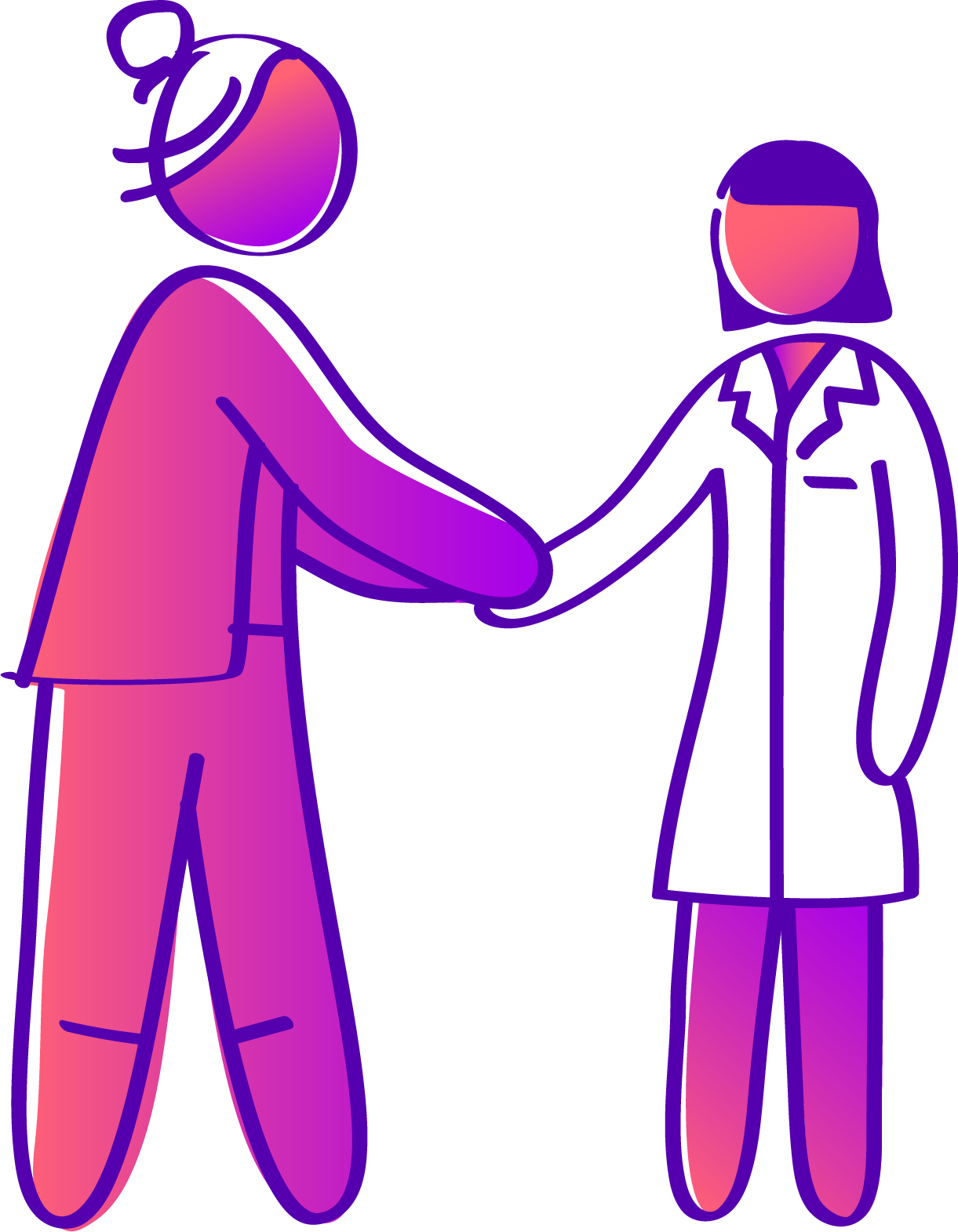 Digital illustration of a nurse and a patient shaking hands, both wearing masks, with a blue background.