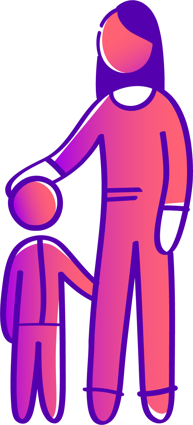 Stylized digital illustration of an adult woman and child holding hands, with the woman in pink and purple clothing and the child in matching colors.