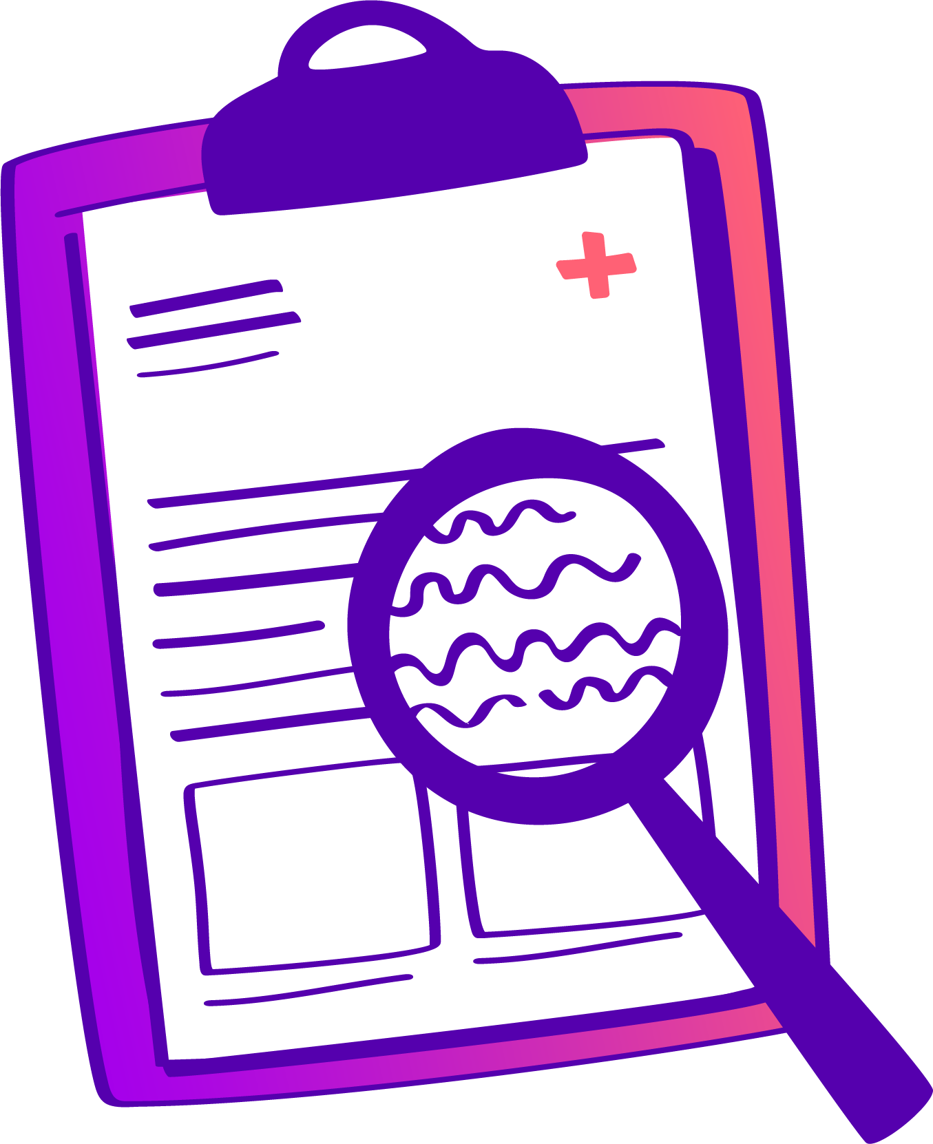 Illustration of a document with a magnifying glass over it, showing a pattern of wavy lines, and a red cross symbol at the top right corner.