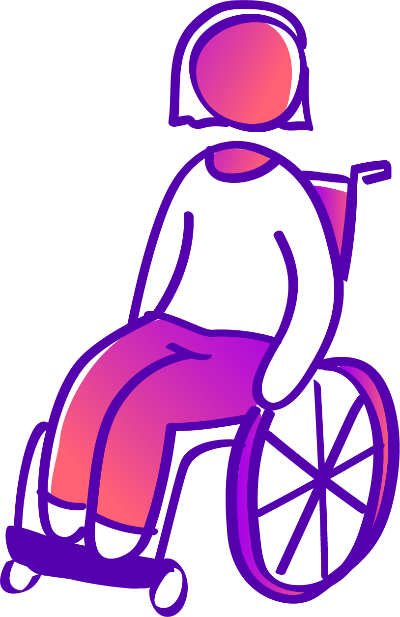 An abstract digital illustration of a person with a minimalistic style, sitting with legs crossed on a purple surface with a dark background. The person has a large, round head with no facial features, wearing casual clothing in shades of purple and pink.